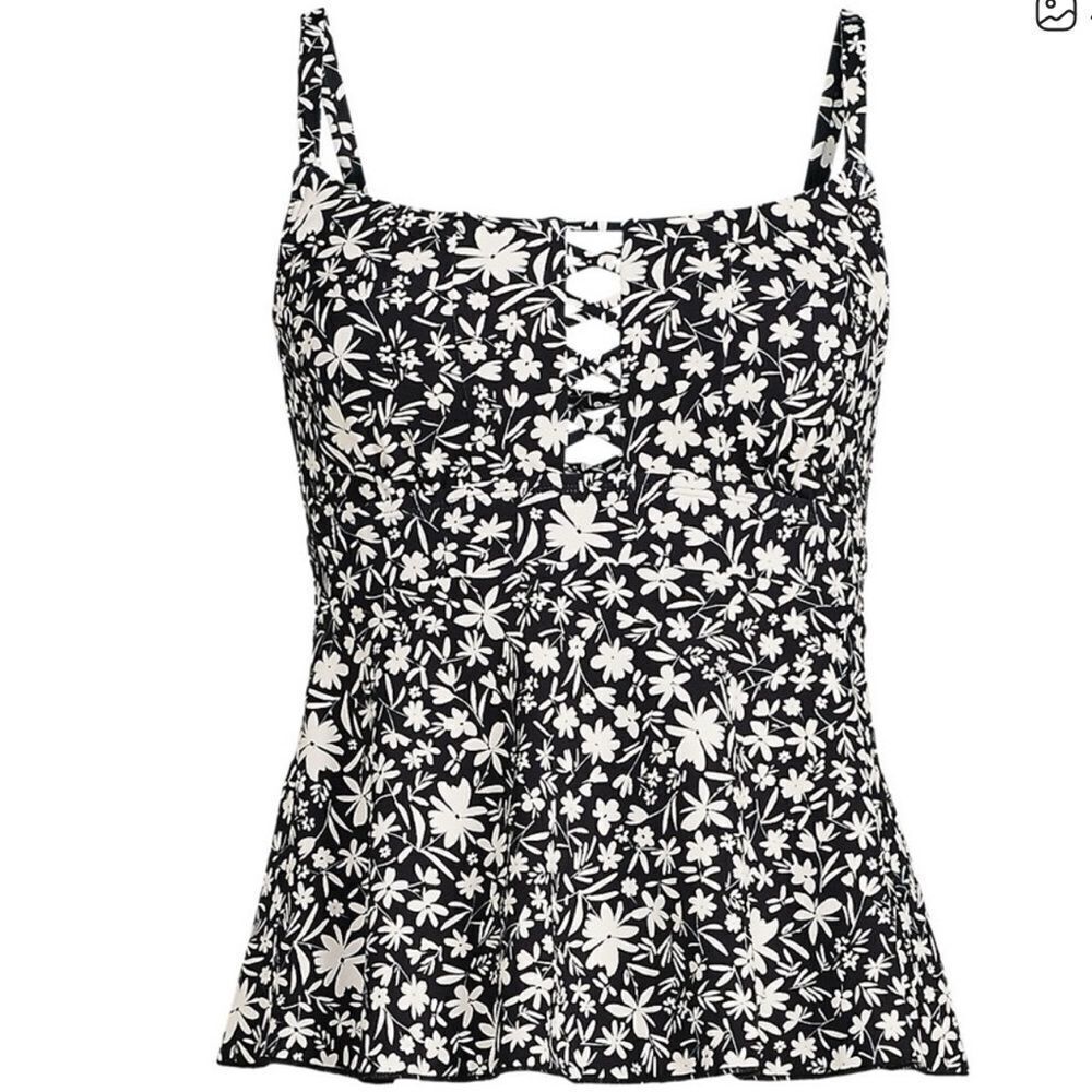 Land's End Lace Up Flutter Loose Fit Tankini Top Black White Floral Print 18W